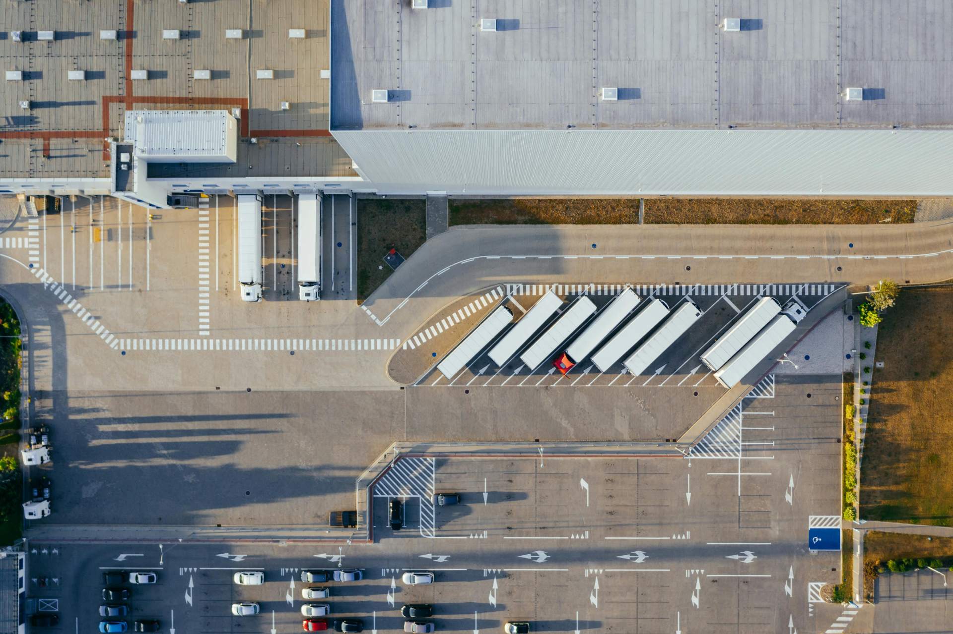 Overhead view of trucks at a distribution center