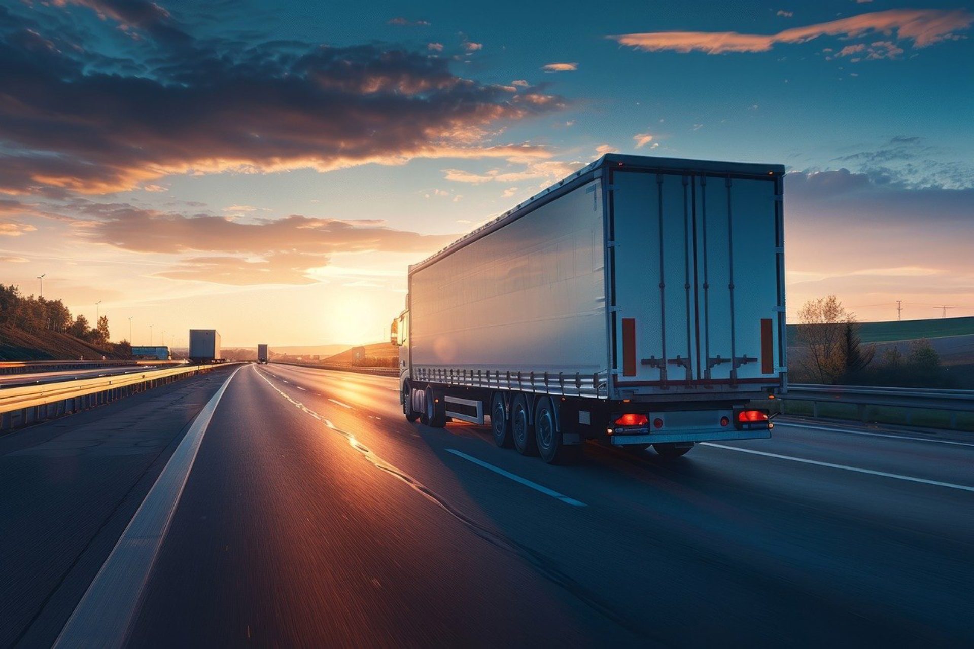 Truck on highway at sunset with glowing sky